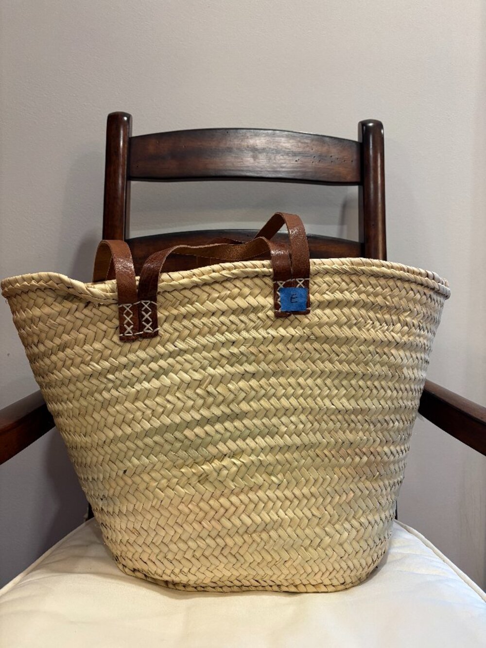Irregular Woven Straw Tote Bag with Brown Leather Handles "E"